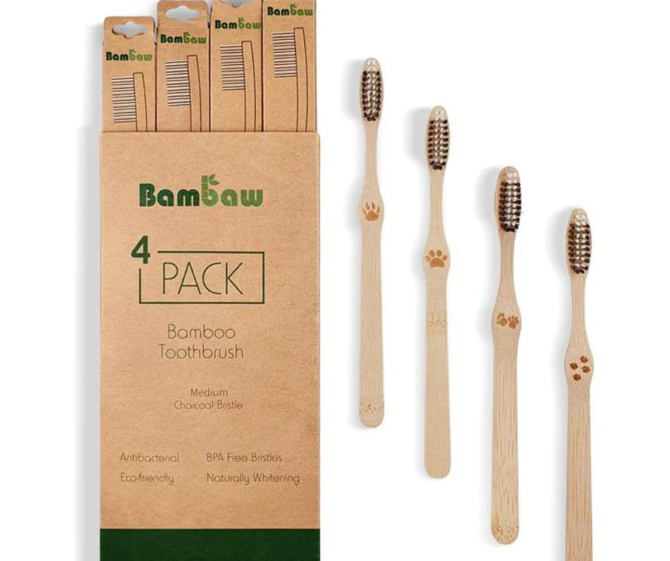 Zahnbürste von Bambaw aus Bambus, vegan und nachhaltig, 4 Stück für die ganze Familie.