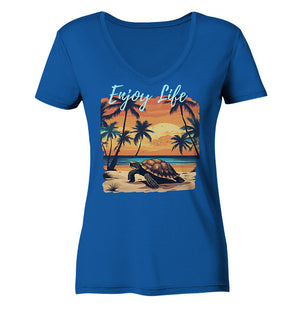 Enjoy Life - Turtle Sunset - Ladies Organic V-Neck Shirt