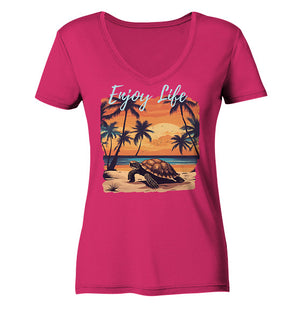 Enjoy Life - Turtle Sunset - Ladies Organic V-Neck Shirt